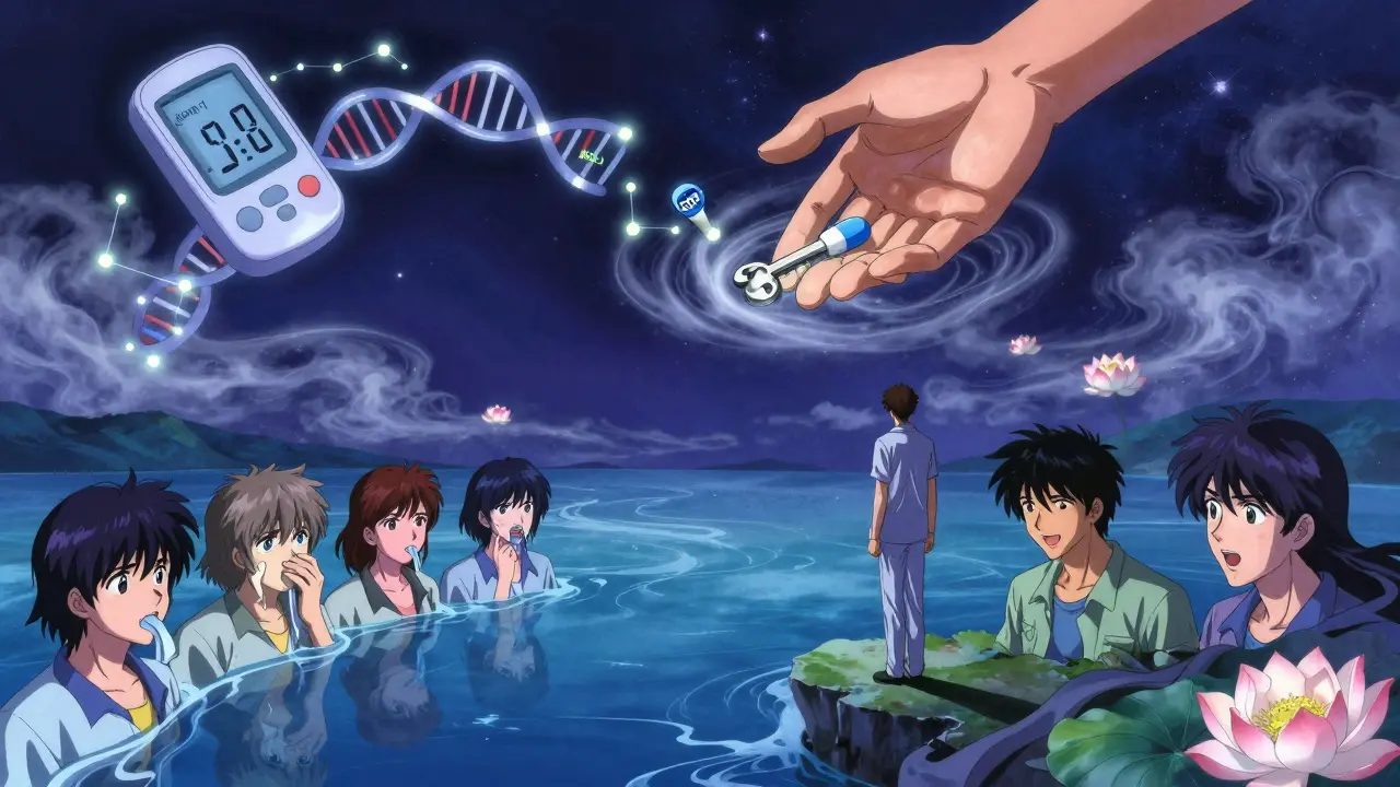 A person at a glucose river with mirrored selves, a DNA constellation above, and a pill-shaped key descending from the stars.