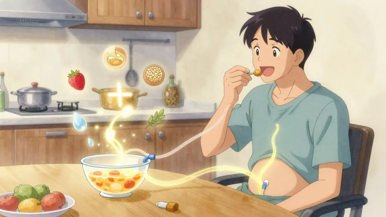 A person eats with family while a luminous PEG tube connects to floating nutrient symbols.
