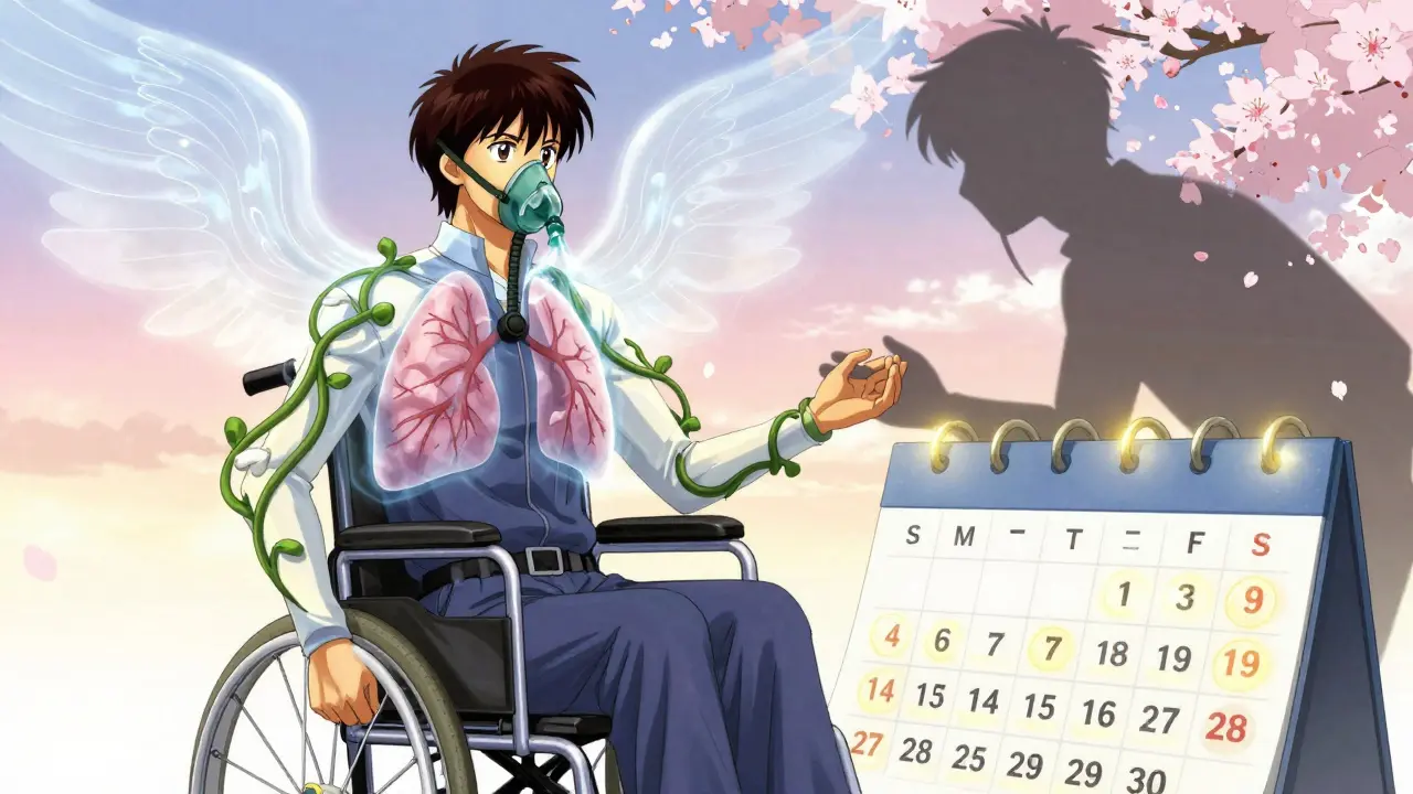 A person with a ventilator stands surrounded by wing-like breath forms and glowing dates of life gained.