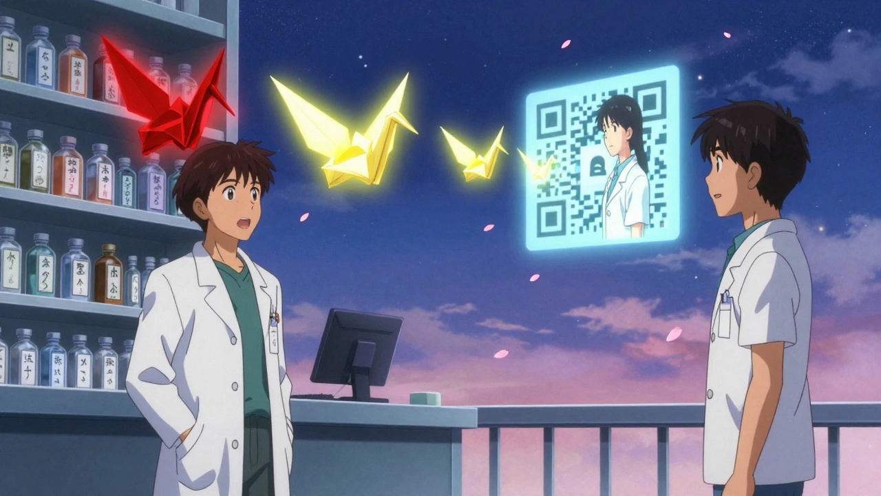 A pharmacist and patient surrounded by floating warning labels shaped like paper cranes, one glowing with a black box border.