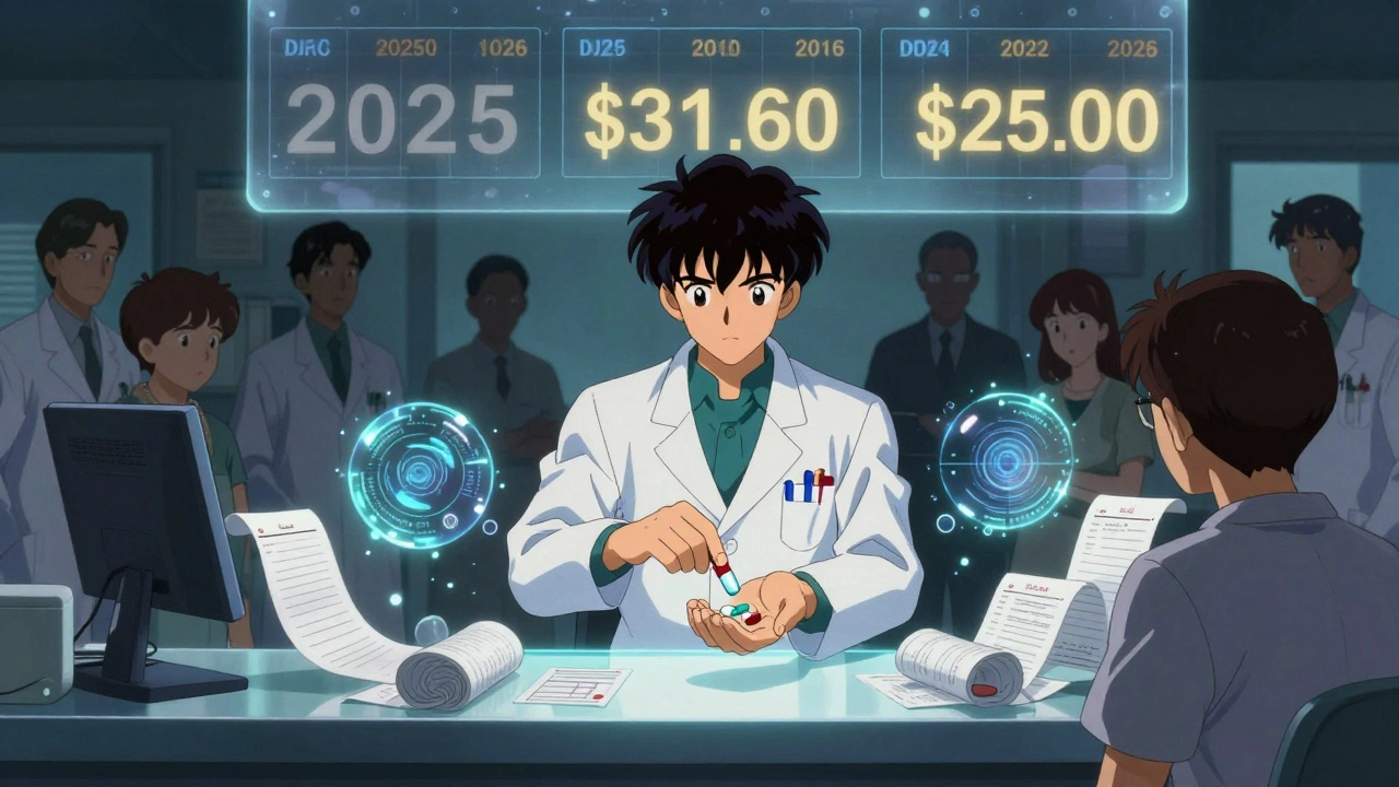 A pharmacist guides a generic pill to a patient as AI orbs float nearby, with a calendar showing co-payment reduction.