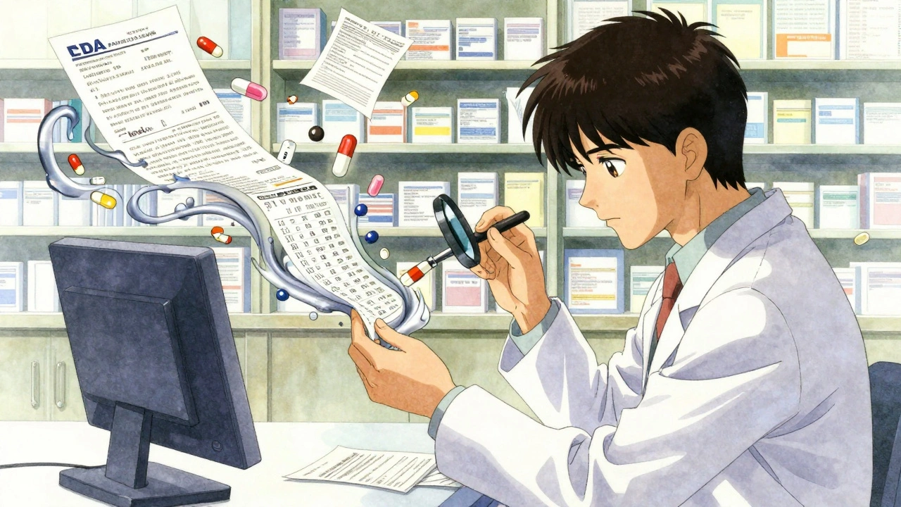 A pharmacist helps a patient use a magnifier, ink-like tendrils forming the drug name and strength on the label.