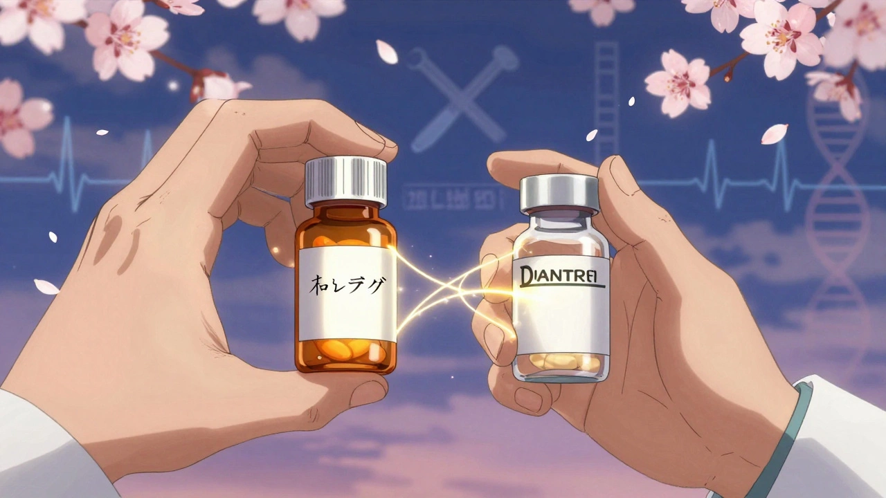 A pharmacist hesitates between brand and generic pills, golden threads connecting them to flickering heartbeats.