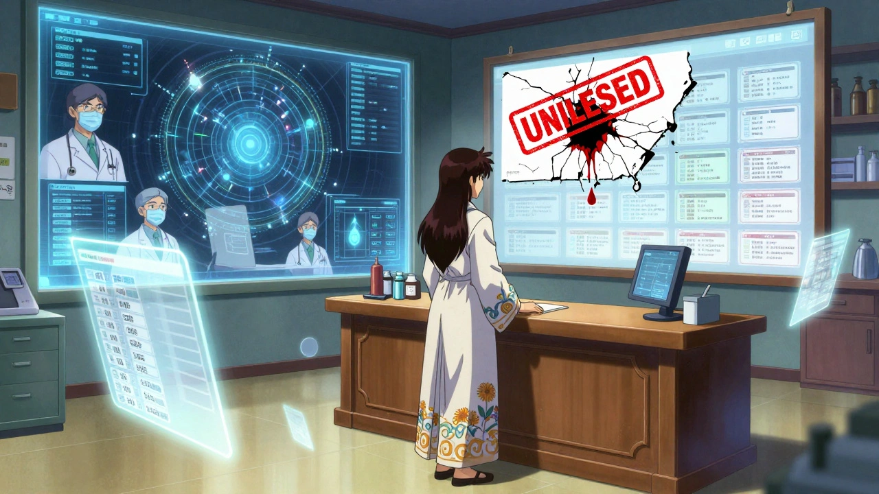 A pharmacist surrounded by floating state license databases, one cracked and bleeding ink.