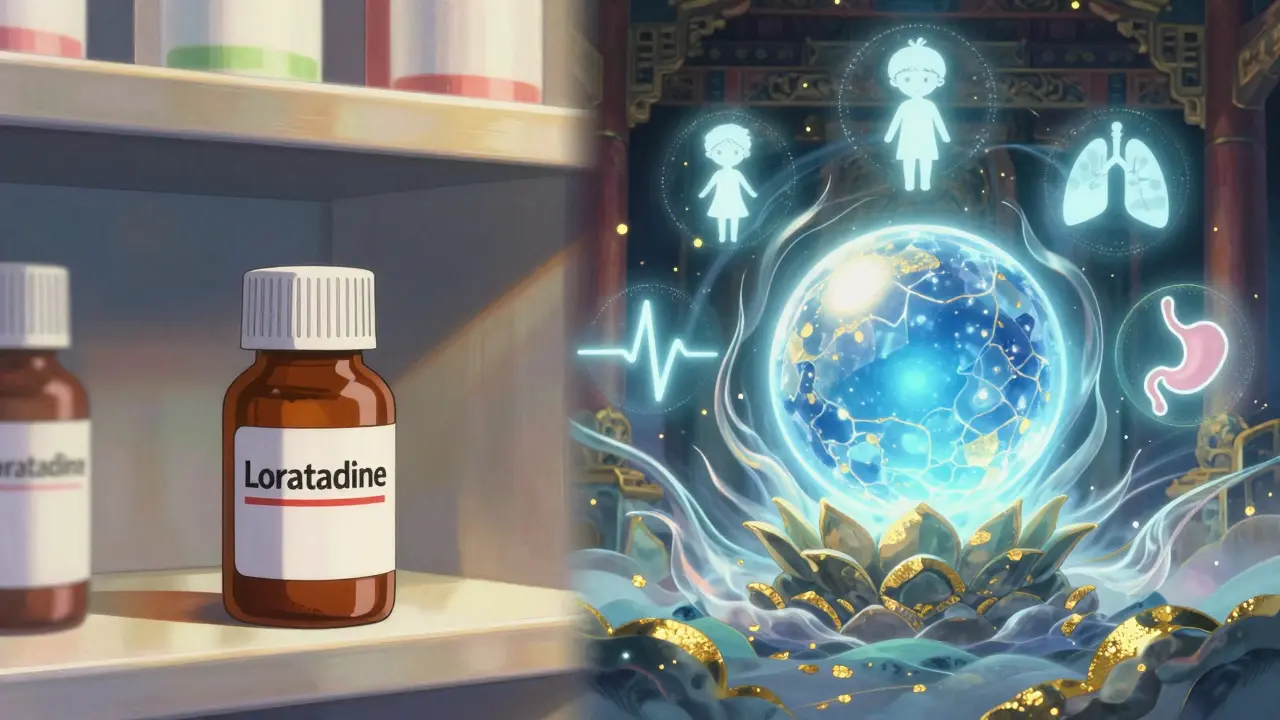 A simple loratadine bottle contrasts with a mystical desloratadine orb surrounded by medical symbols.