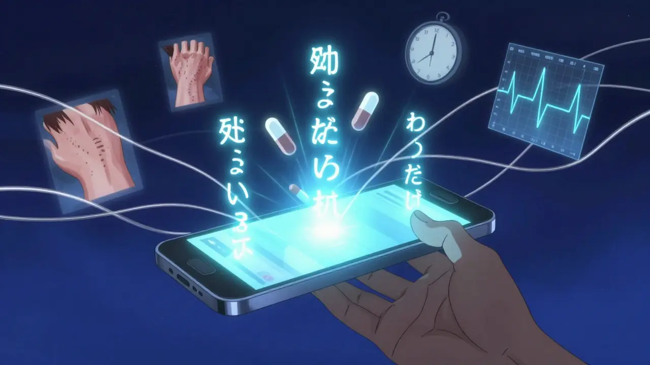A smartphone projecting a luminous timeline of medications and symptoms in a dark, neon-lit environment.