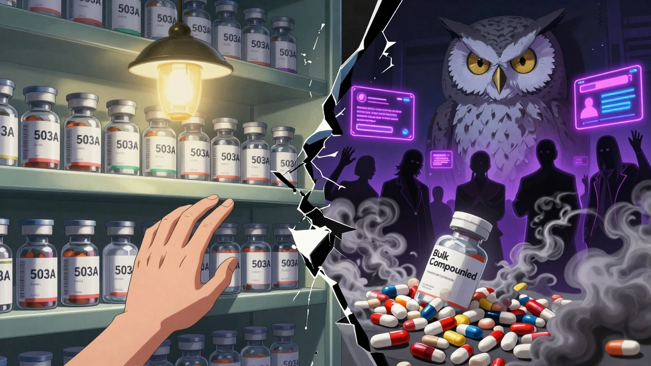 A split shelf: safe compounded medicine on one side, toxic counterfeits and influencers on the other.