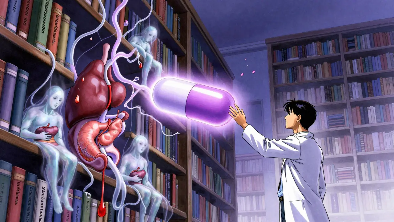 A surreal library of organ-shaped books leaking medical side effects, with a glowing extended-release capsule offering relief.
