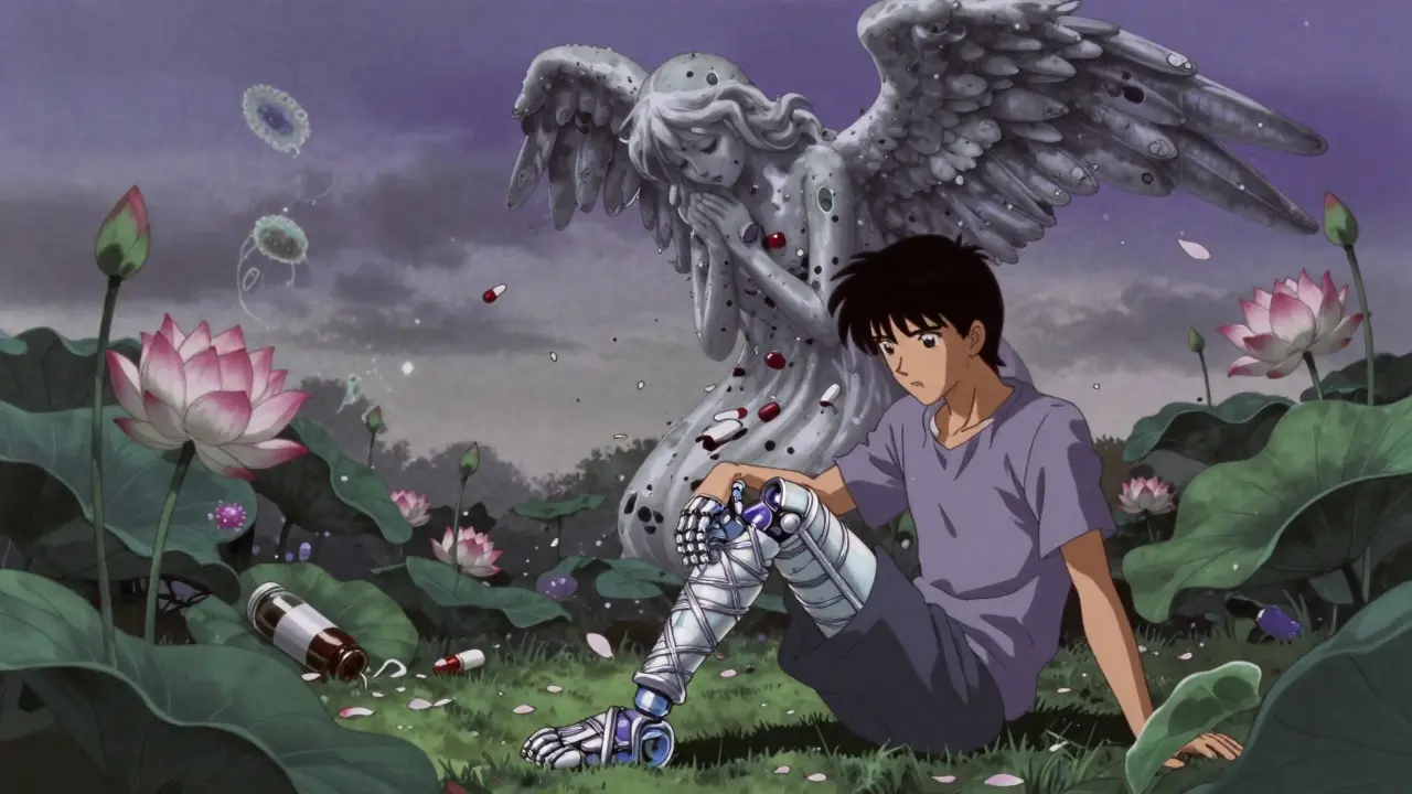 A survivor in a garden with a prosthetic form, watched over by an angel made of broken pills and lotus flowers.