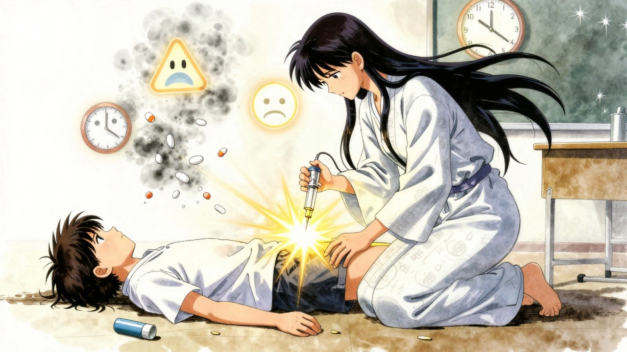 A teacher administering epinephrine to a student, with dissolving pills and unused inhaler on the floor in a glowing classroom.