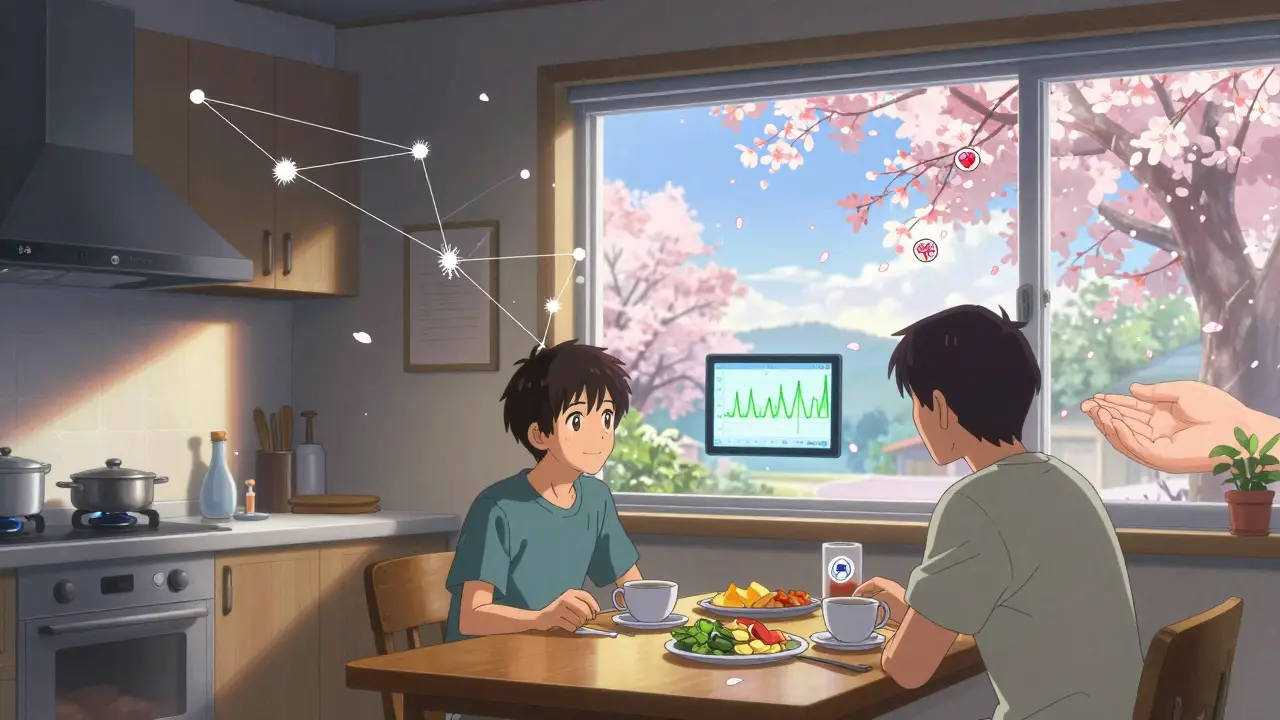 A teen and parent share breakfast as celestial threads and digital mood trackers show healing progress.