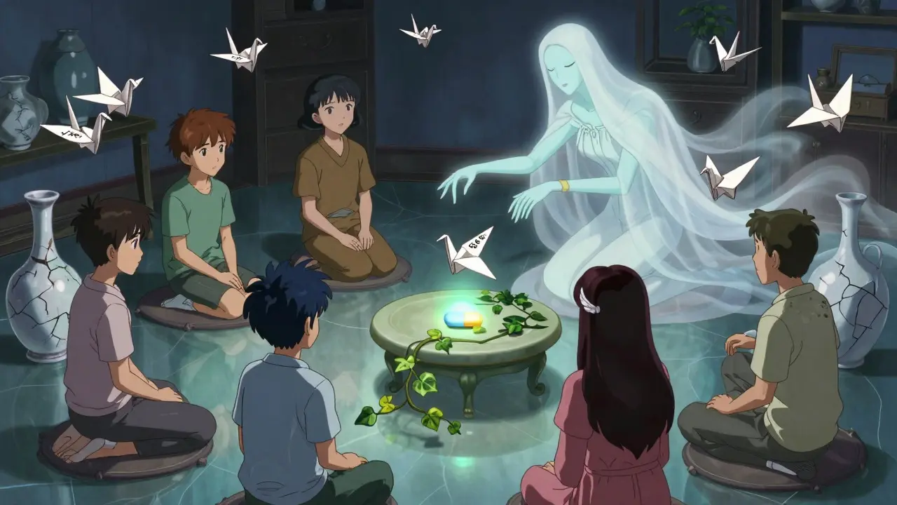 A teen and parents sit in a therapy circle with floating paper cranes, guided by an elegant ethereal therapist.
