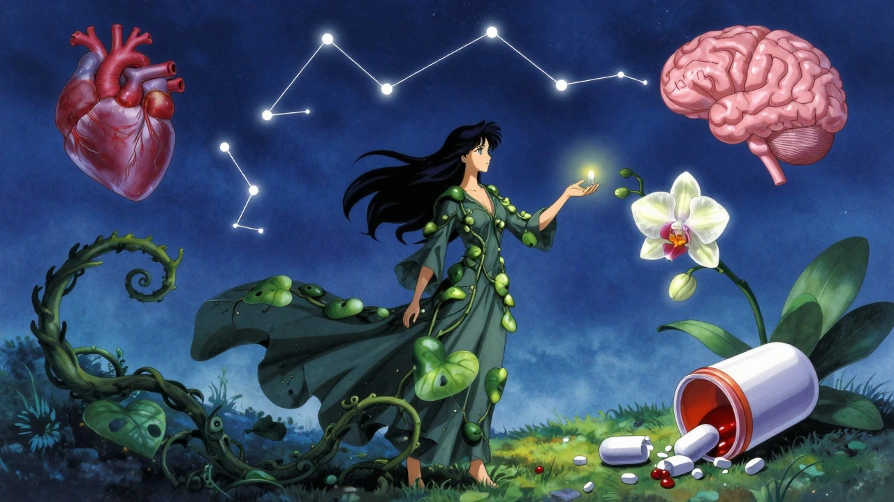 A woman in a moonlit garden, holding a glowing pill as vines turn into medicine bottles and blooming orchids.