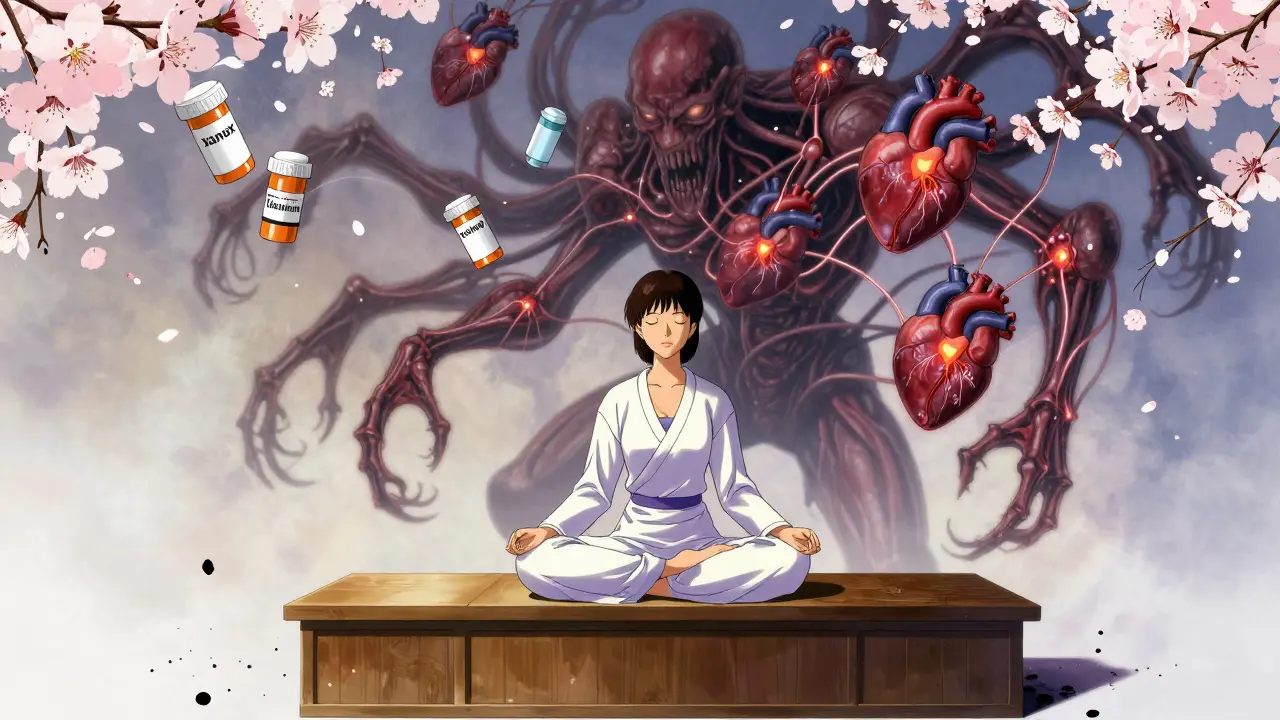 A woman meditating as her shadow transforms into a monstrous entity with pulsing liver organs connected to prescription bottles.