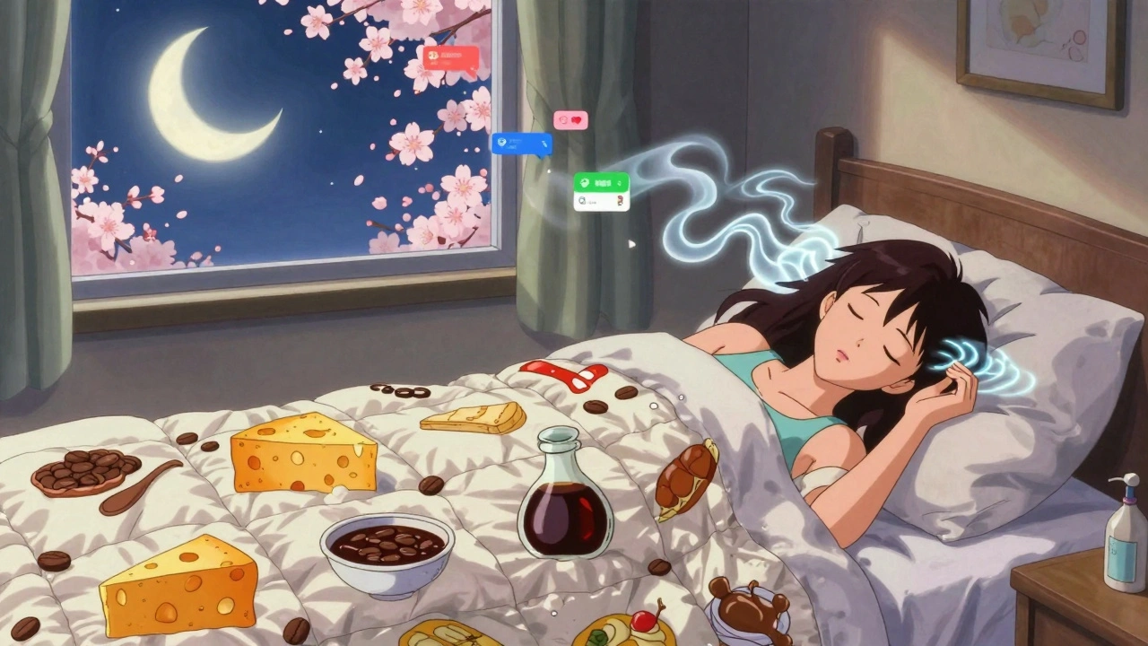 A woman sleeping as food icons float above her, with migraine waves and digital notifications dissolving into blossoms.