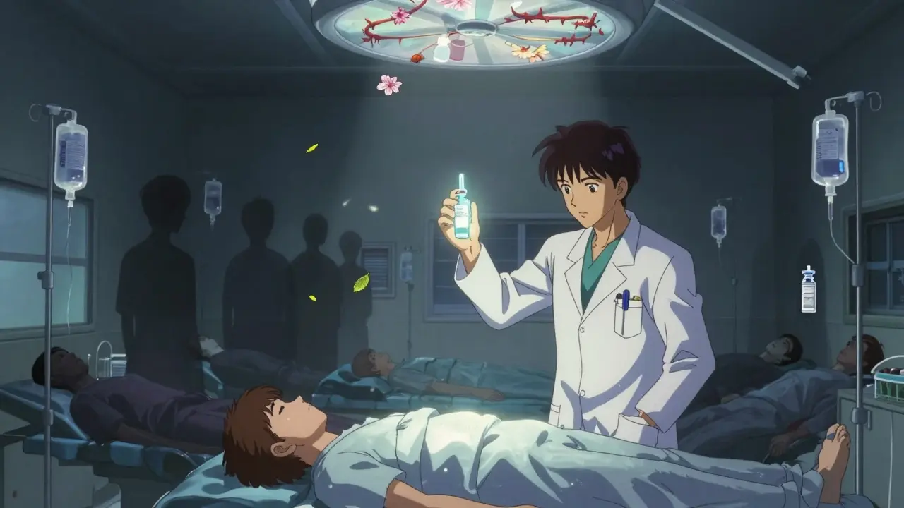 An anesthesiologist holding a flickering vial above a patient, while shadowy patients fade into the walls.