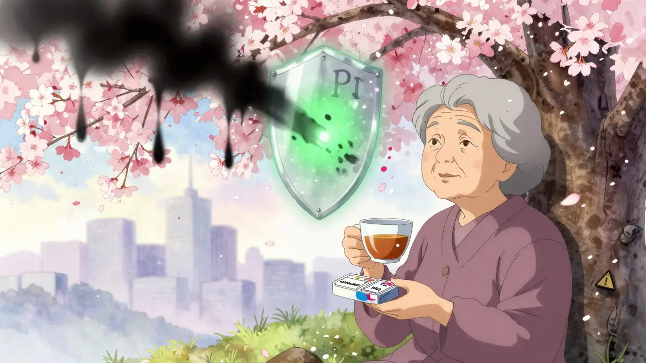 An elderly woman sits peacefully under cherry blossoms, protected by a glowing shield as she takes safe medications, deflecting dark bleeding shadows.