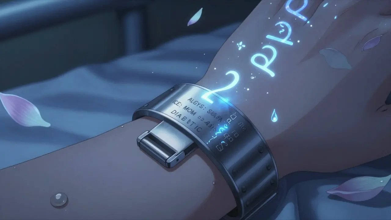 Close-up of a finely engraved medical bracelet with allergy and emergency contact details.