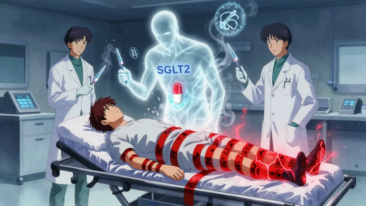 Emergency medical team rushing a patient as SGLT2 inhibitor pills dissolve into smoke with glowing infection bands.