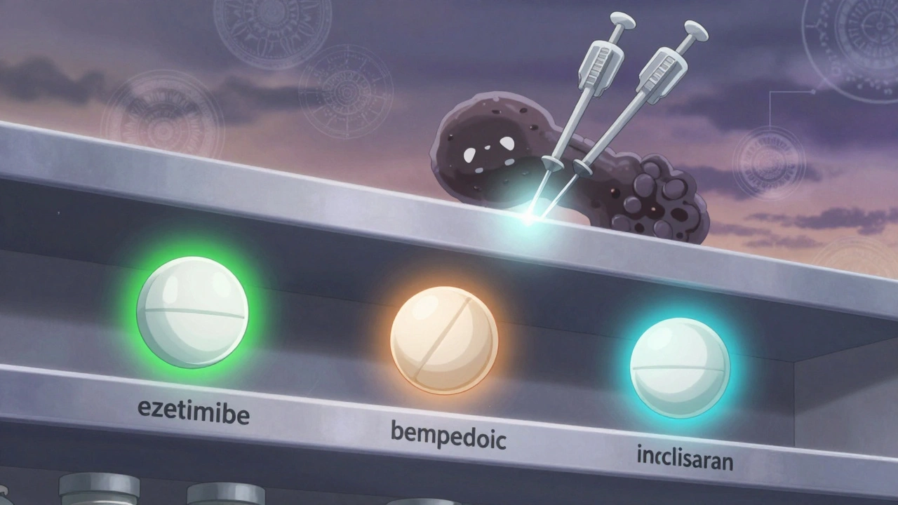 Floating cholesterol medications with unique auras, PCSK9 needles piercing a shadowy protein in twilight.