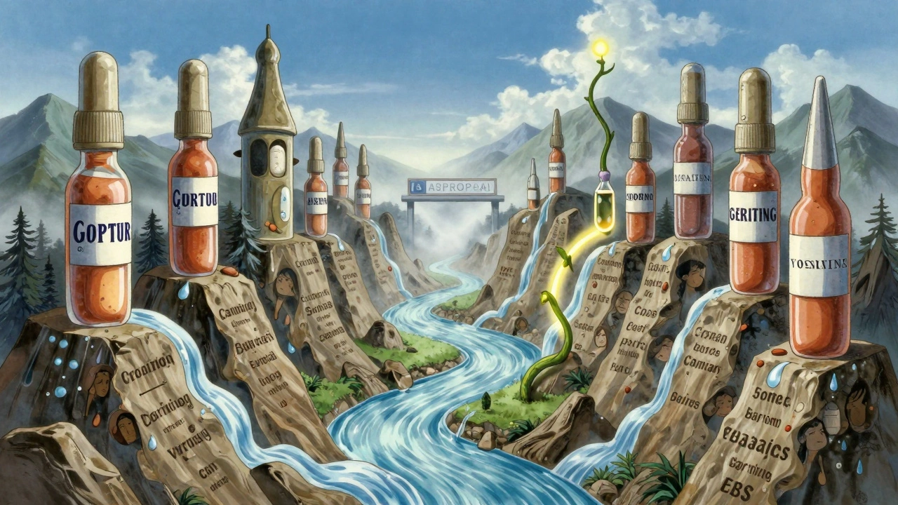 Generic drugs erode brand-name drug mountains as rivers of savings flow toward a distant approval gate.