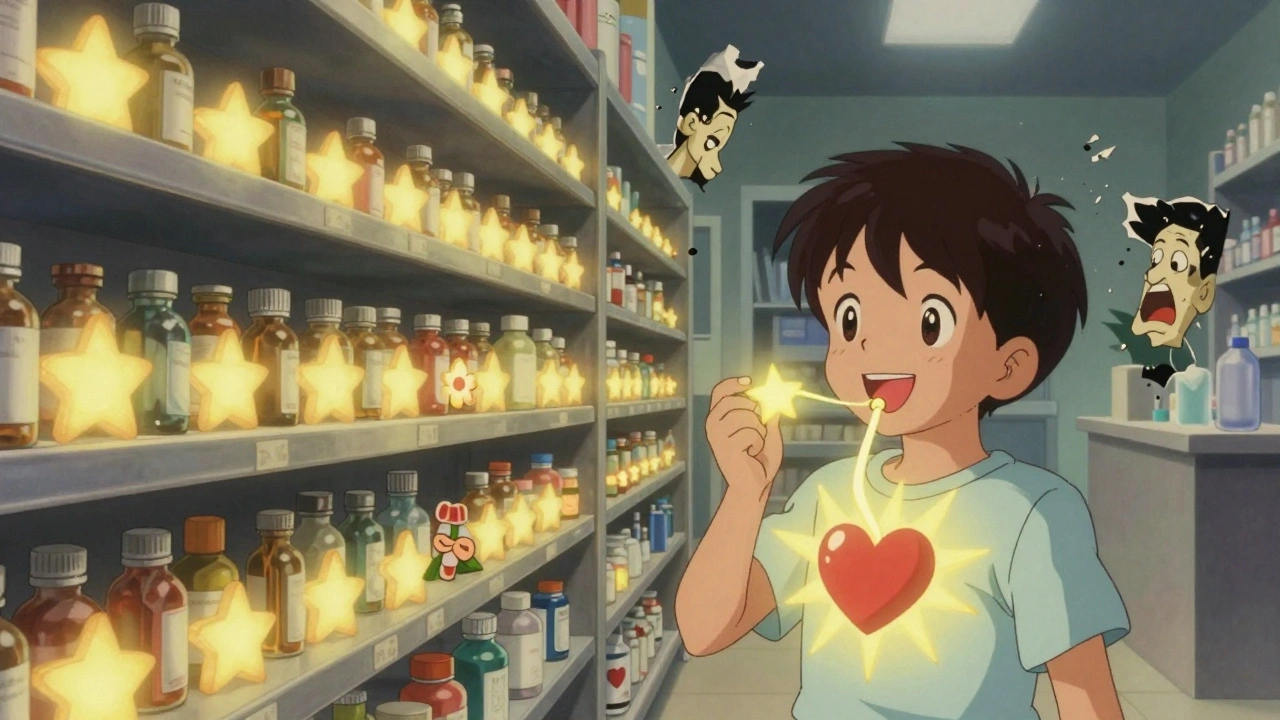 Mini-tablets shaped like stars shine on a magical shelf as a child swallows one with confidence.