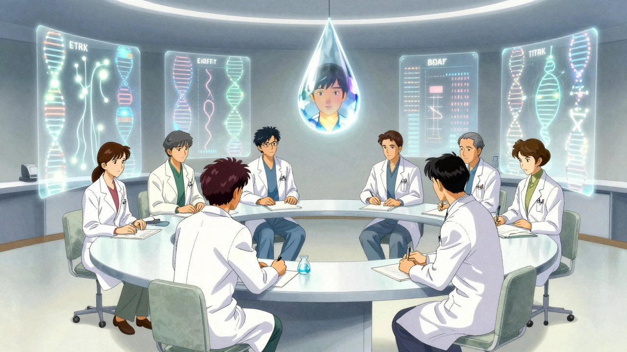 Molecular tumor board with holographic gene sequences floating in a dreamlike room