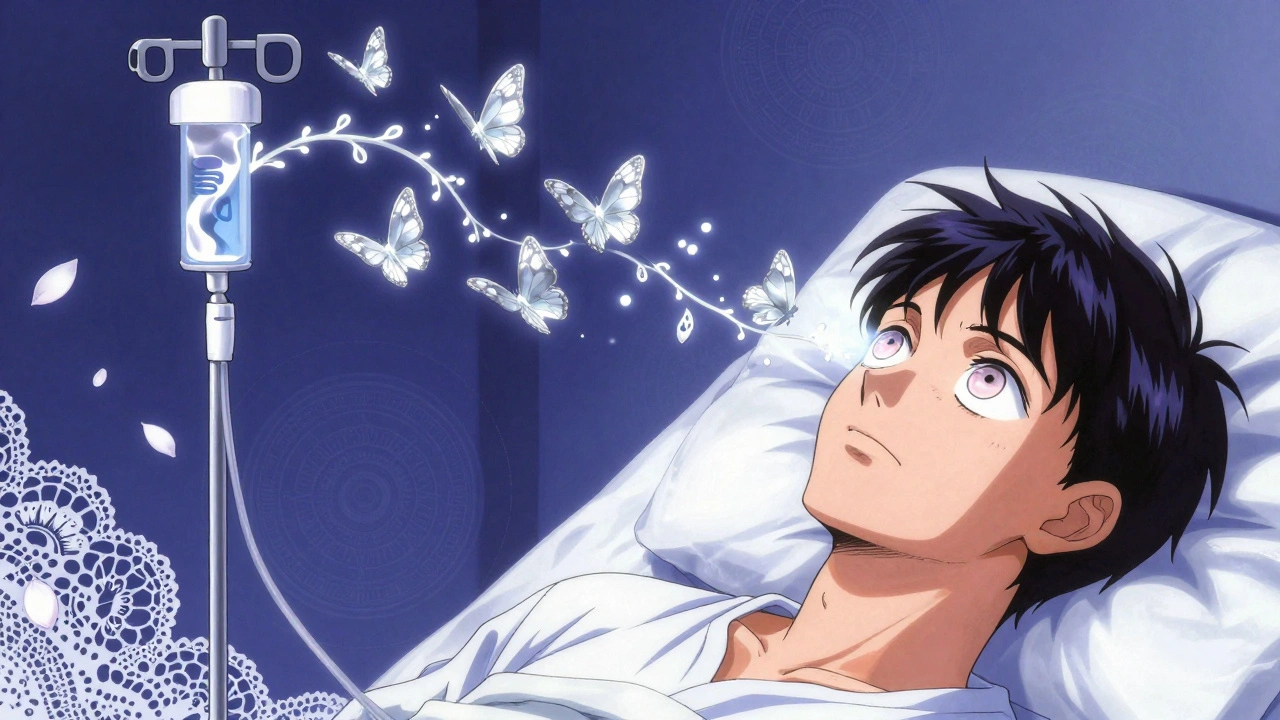 Patient receiving biologic infusion as silver butterflies reverse eye bulging, in Yoshitaka Amano style.