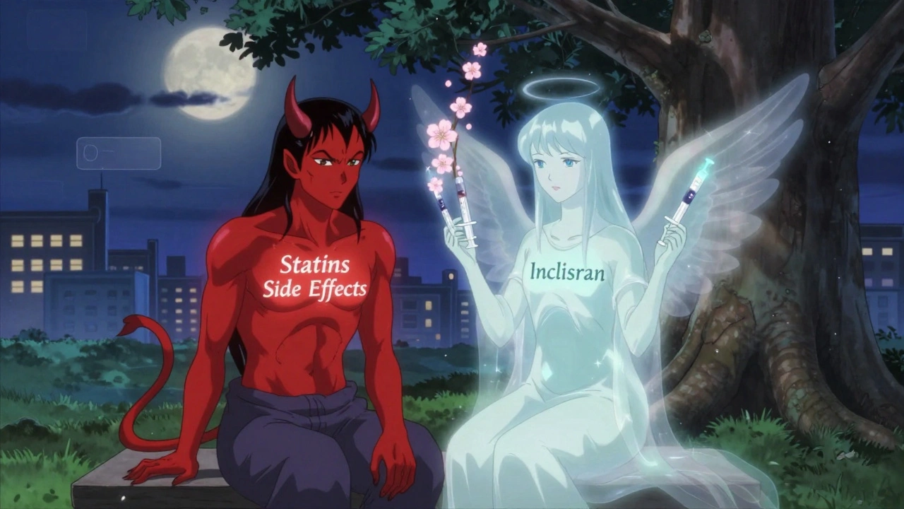 Patient with two spirits representing statin side effects and inclisiran hope, under a tree with floating lipid panels.