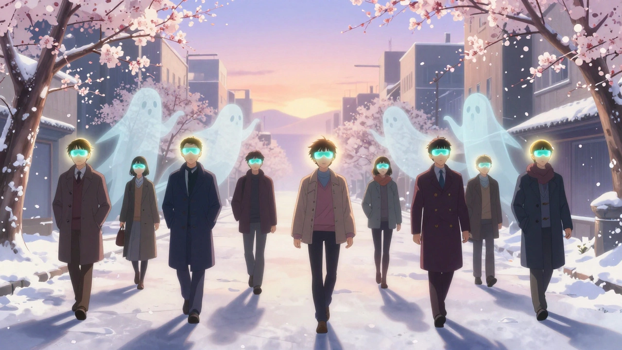 People walking through snow at sunrise wearing light therapy glasses, their halos dissolving winter spirits into blossoms.