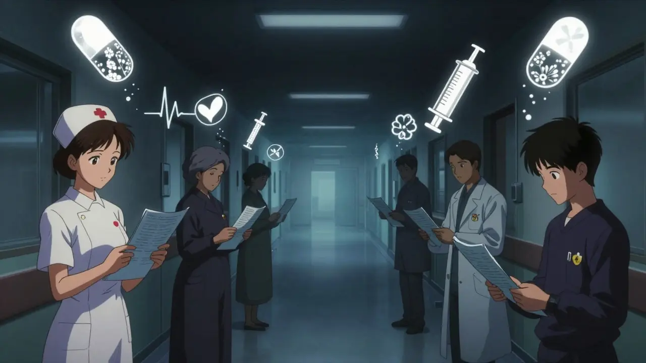 Shadowy figures pass medical icons that transform into flowers, symbolizing collective safety reports in Yoshitaka Amano style.