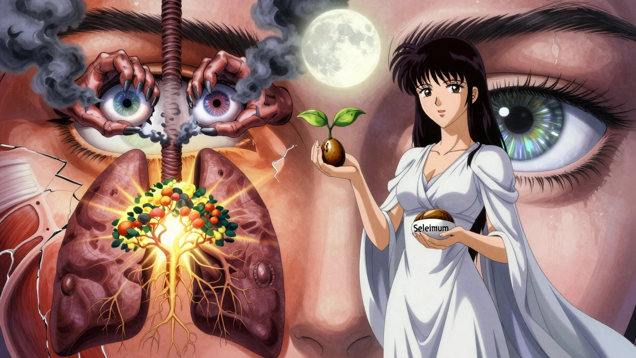 Smoker&#039;s smoke claws gripping eyes vs. selenium tree restoring vision, surreal anime composition.