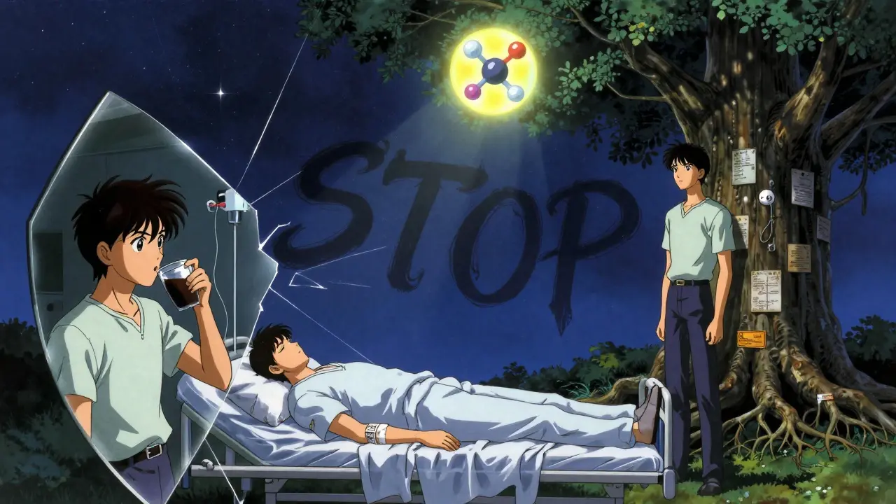 Three versions of a person reflected in a fractured mirror, with a glowing kavalactone molecule above casting shadowy warnings.