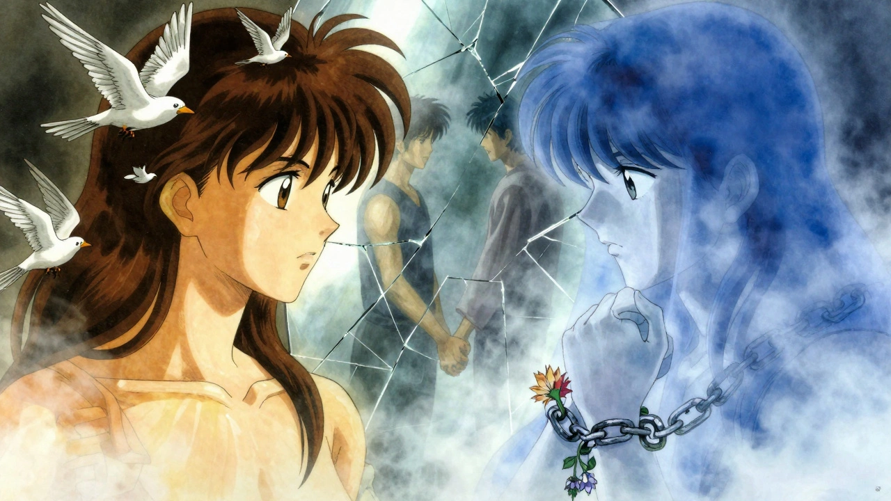 Two faces: one radiant with freedom, the other bound by chains, representing low-risk vs. high-risk antidepressants.