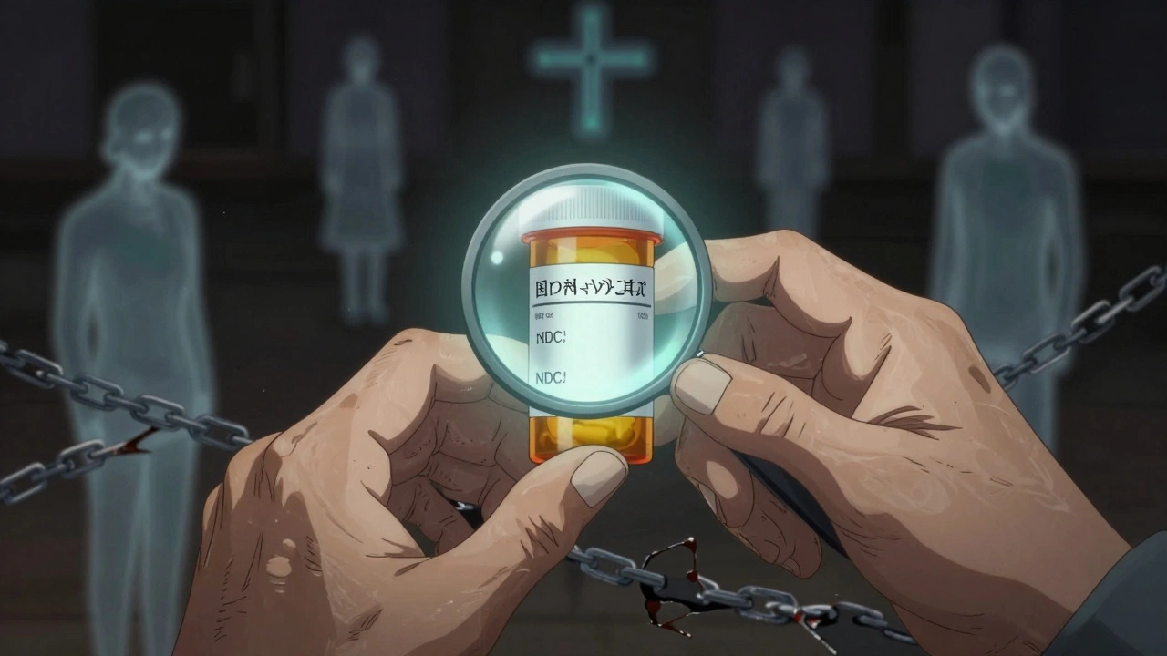 Two hands hold a prescription bottle under a glowing magnifier, the label radiating light with floating medical symbols and fading errors.