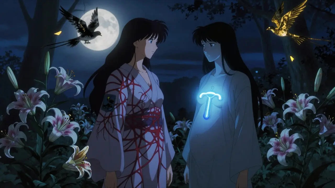 Two women under moonlight, one shadowed by blood vessels, the other glowing with a protective IUD talisman.