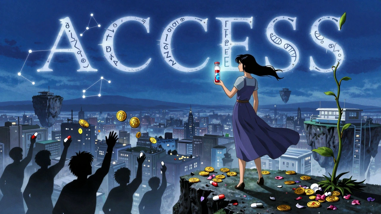 Woman holding glowing liquid biopsy vial as AI constellations form &#039;ACCESS&#039; above