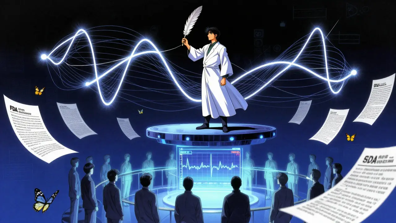 A biostatistician draws statistical curves in the air above 50 glowing patients, surrounded by dissolving FDA documents.