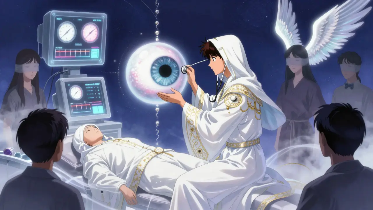 A celestial doctor performs tonometry on a floating eye, surrounded by glowing pressure monitors and patients with veiled or restored vision.