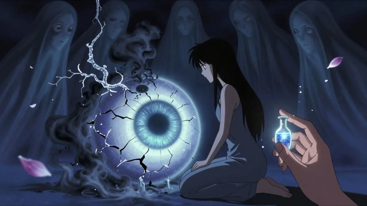 A figure kneels before a cracked glowing eye, with shadowy threats of glaucoma and cataracts creeping in, while a vial of light offers protection.