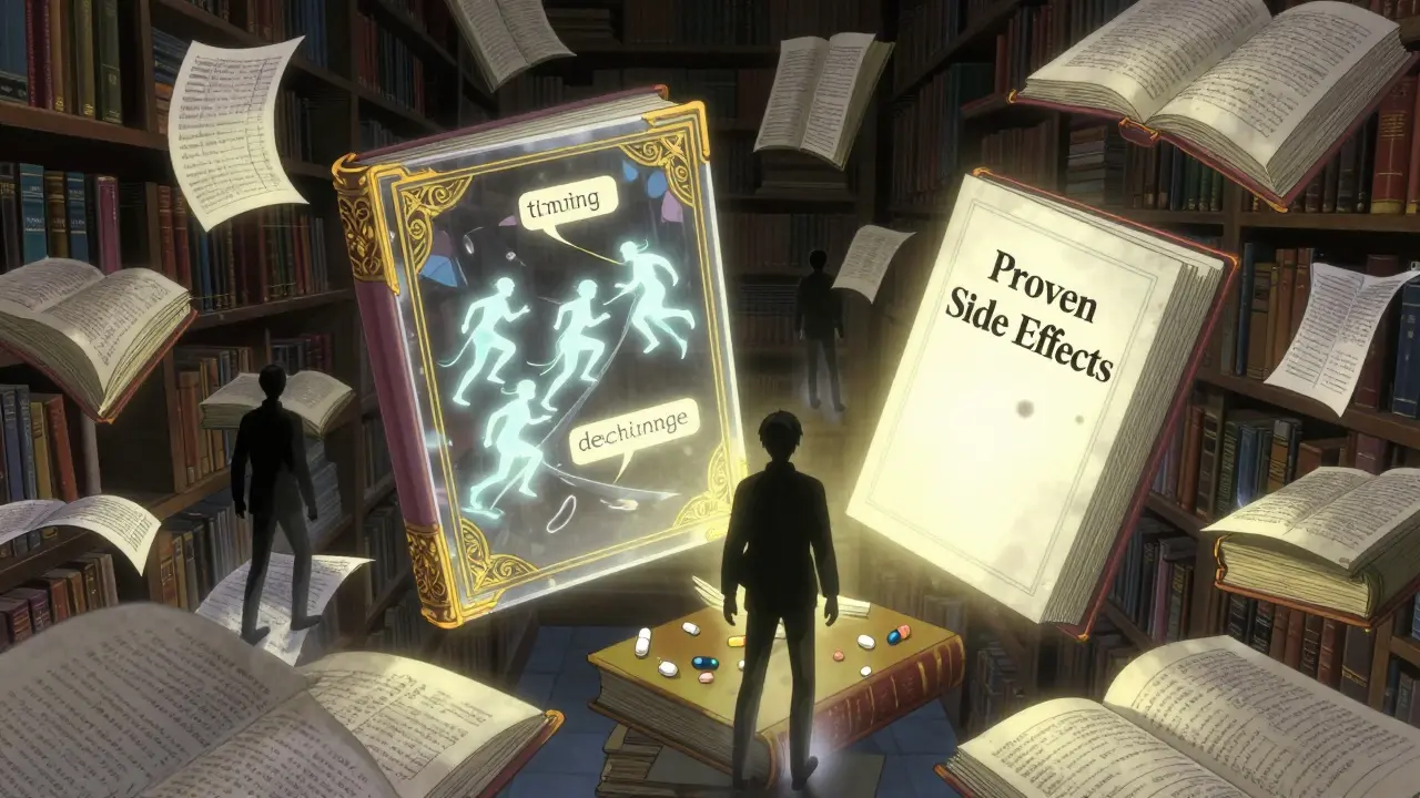 A floating library of ancient books displays the 3-step process to identify drug reactions, with shadowy figures dissolving under a radiant light.