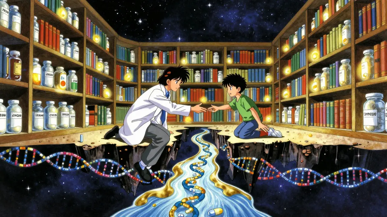 A floating medical library with pill-shaped books, a doctor and patient reaching across genetic code, and a river of therapeutic liquid.