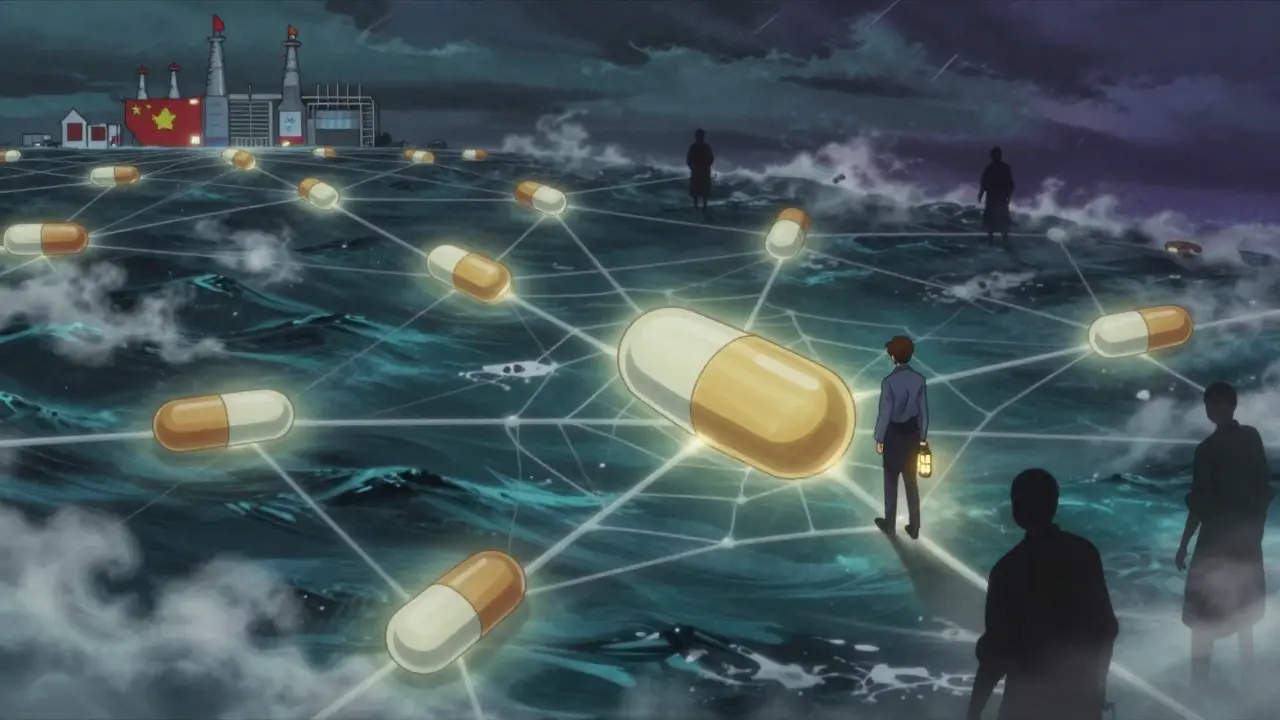 A fragile web of pills connecting global factories, with an FDA inspector walking the thread under stormy skies.