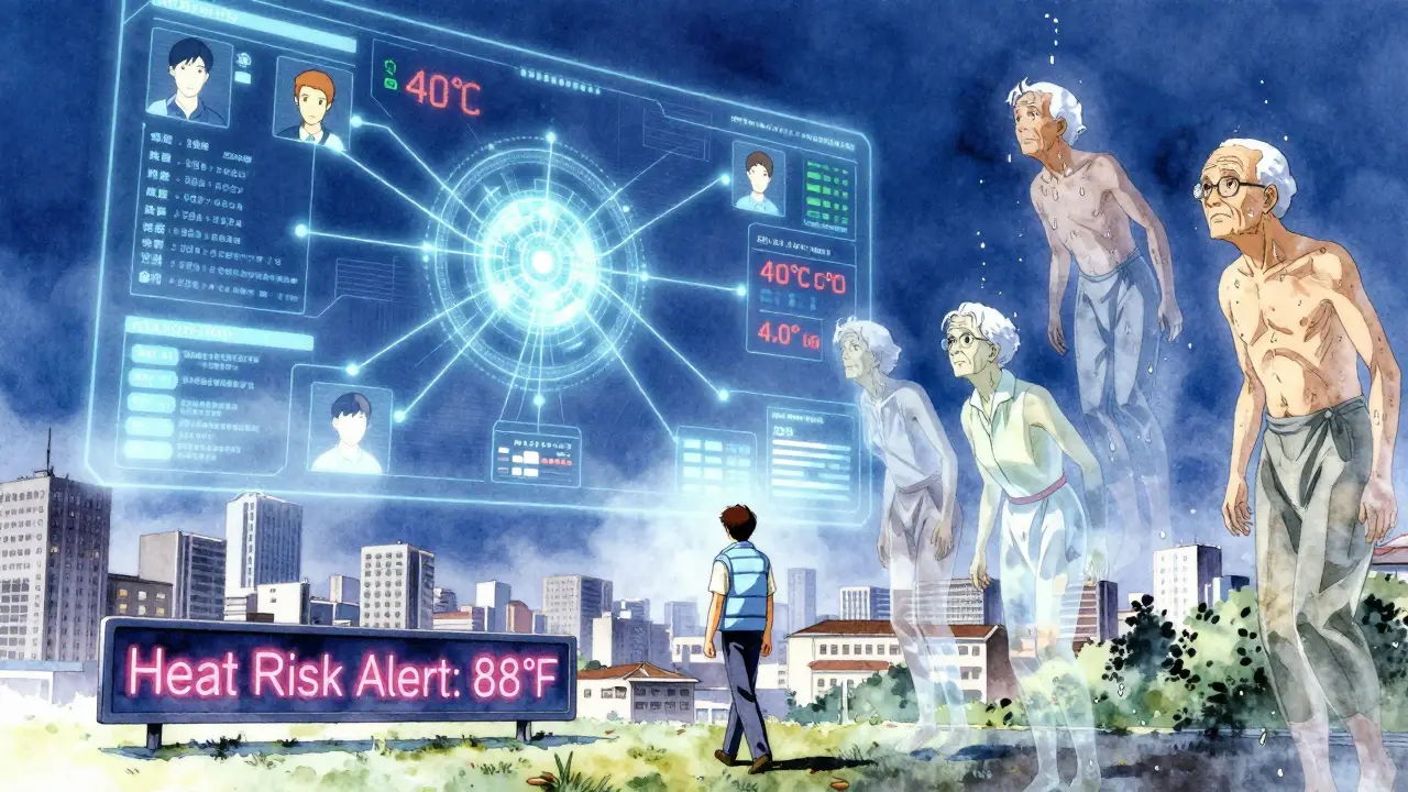 A futuristic AI heat-risk interface above a city, with a person in a cooling vest walking beneath a warning sign, spectral figures fading into dust.