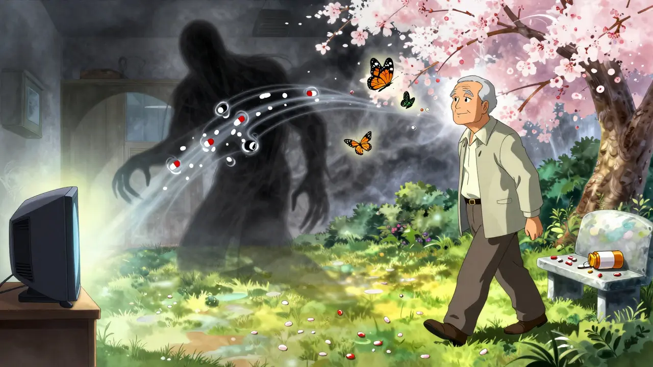 A man's shadow transforms into a pill monster on one side, while on the other, he walks through a garden with acetylcholine butterflies.