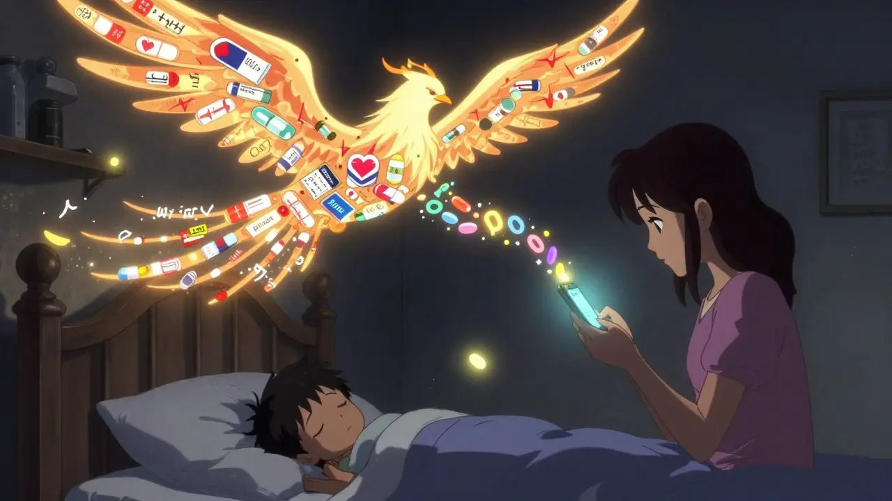 A mother's text message transforms into a protective phoenix made of medication labels and heartbeats.