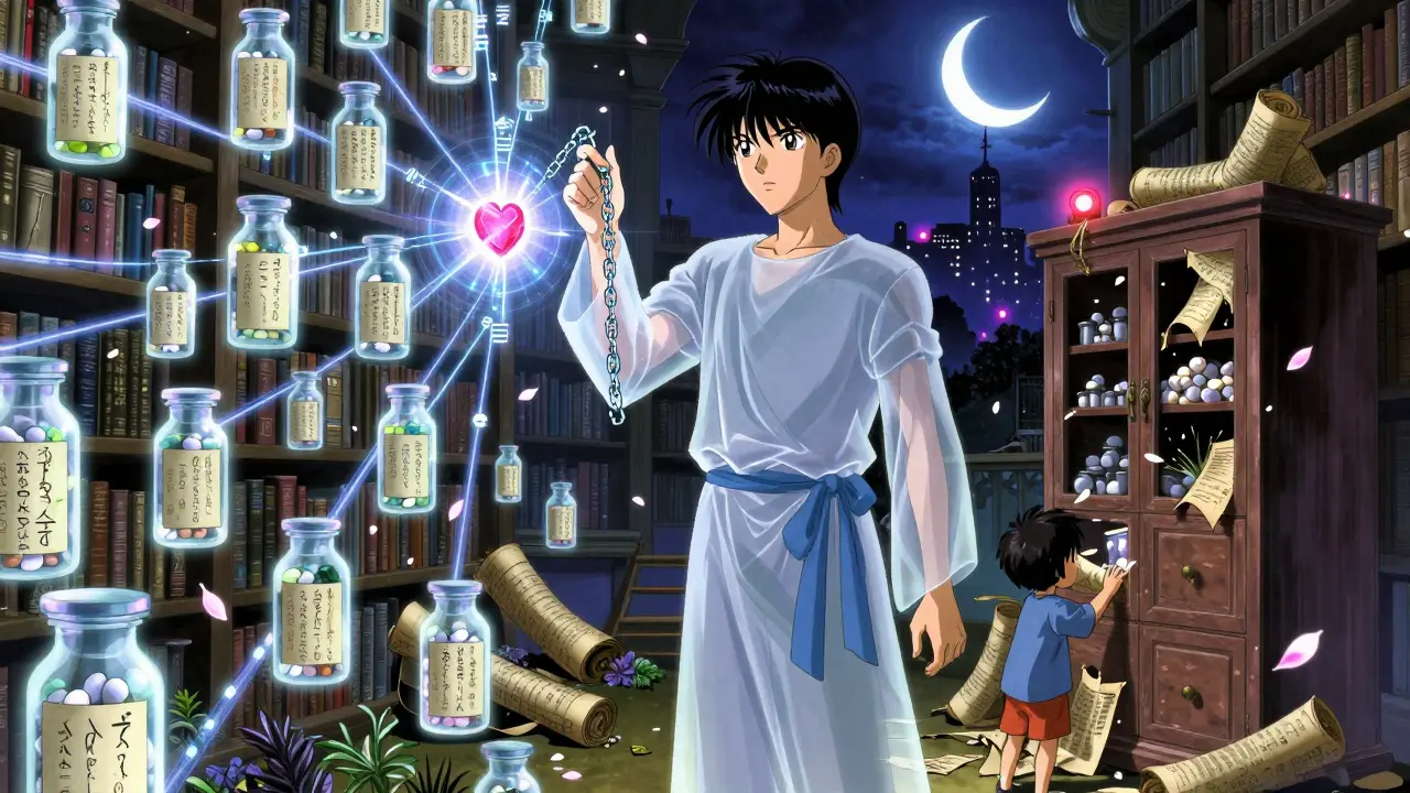 A mystical poison specialist guides a child away from a crumbling medicine cabinet in a floating library.