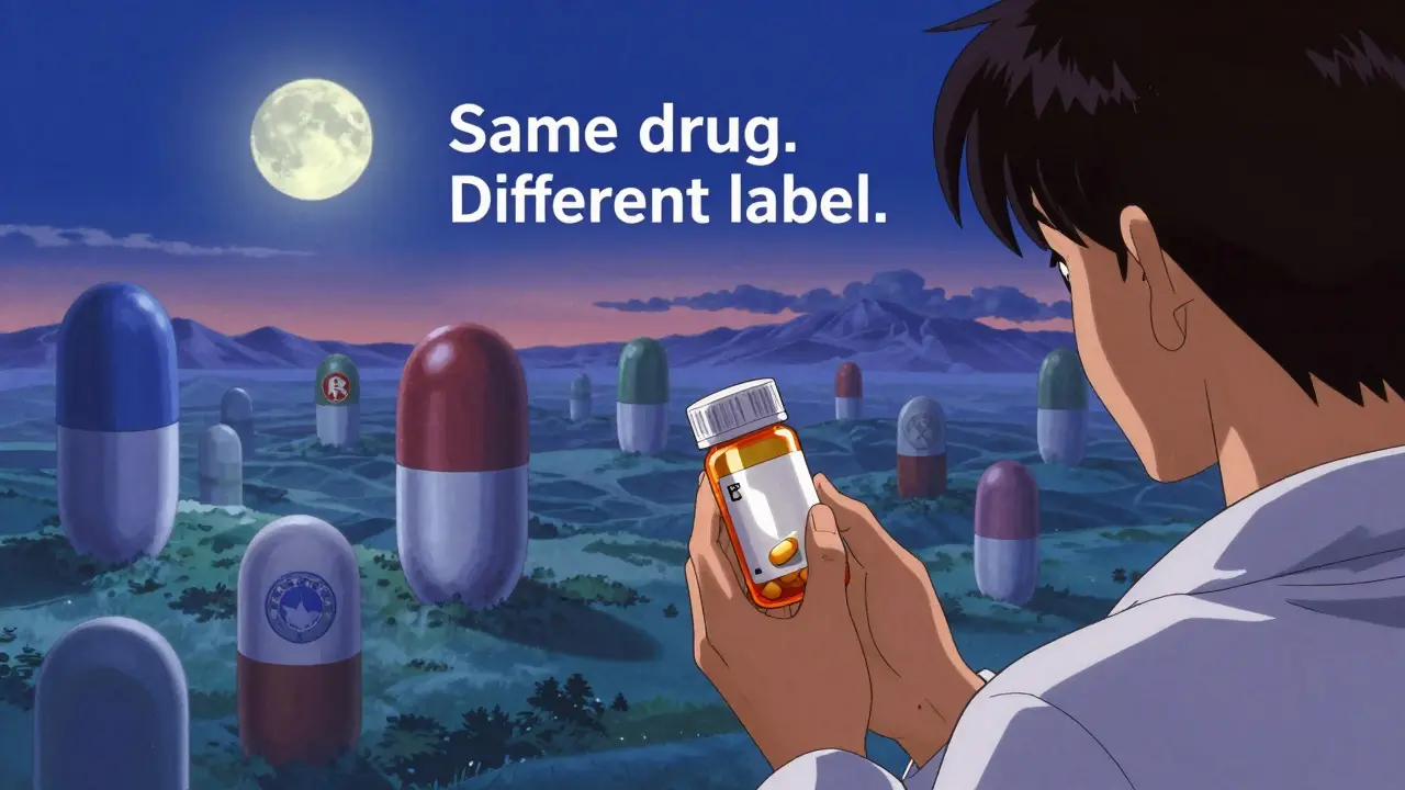 A patient holding a bottle, their reflection showing the original branded pill, surrounded by pill-shaped mountains.