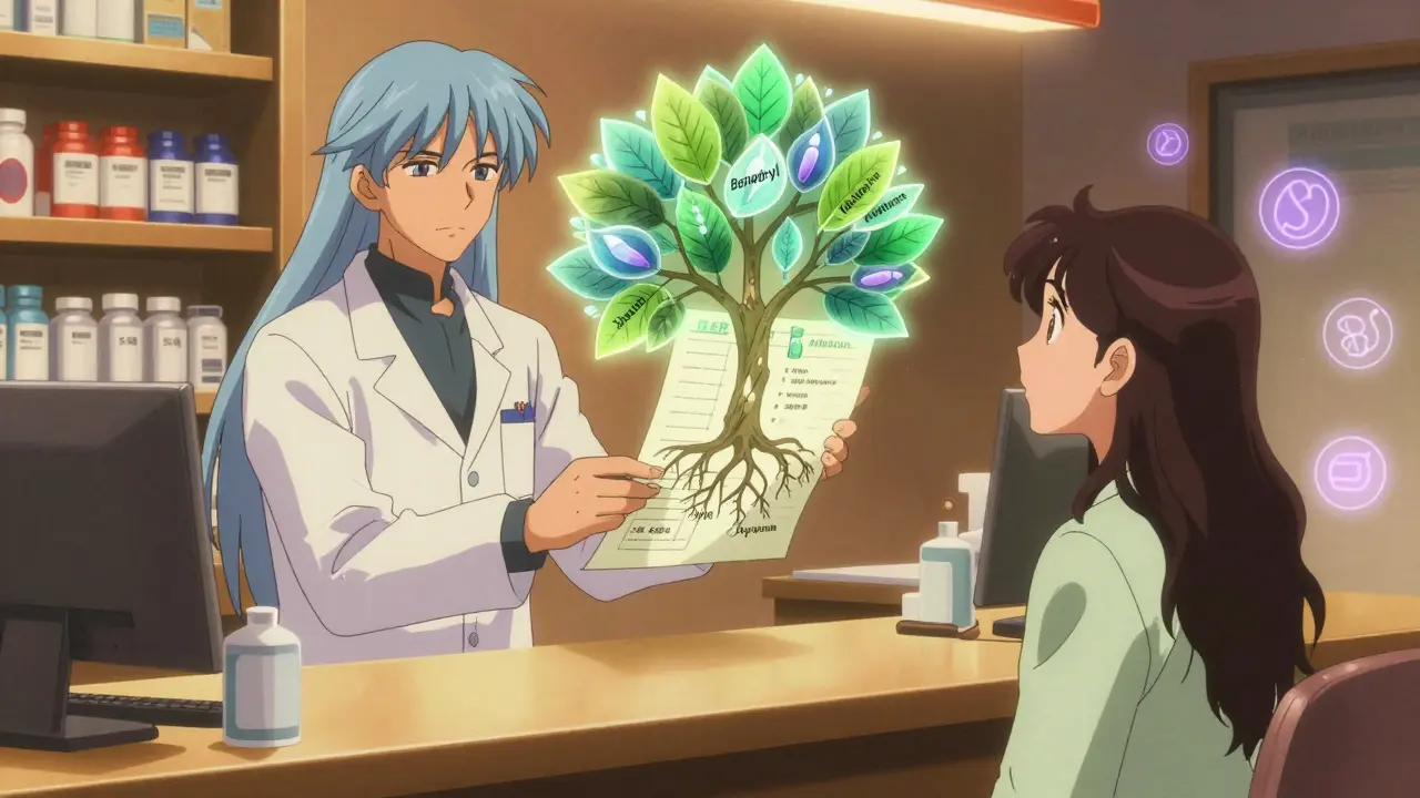 A pharmacist holds a prescription chart that becomes a tree with safe medication alternatives sprouting as vibrant leaves.