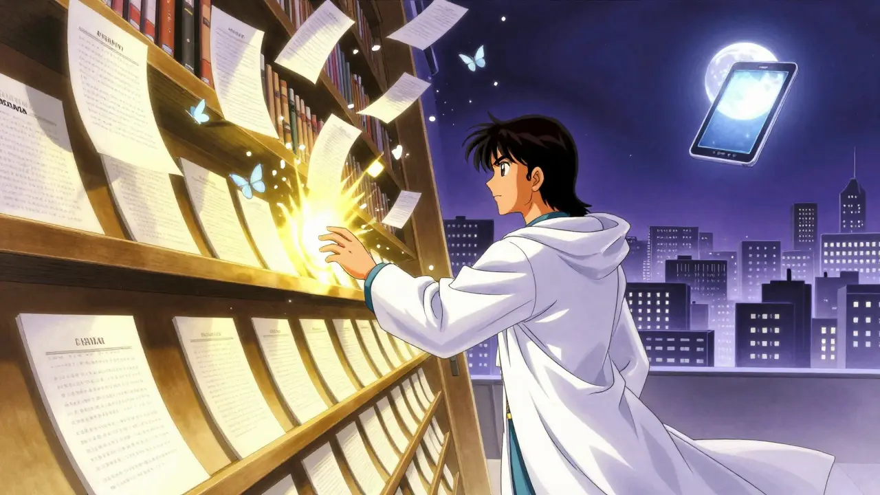 A pharmacist reaching for identical pills in a glowing shelf, as documents turn into butterflies above a city of hospitals under a tablet-shaped moon.